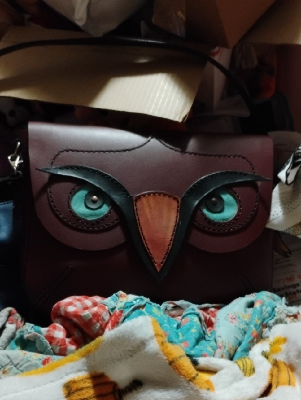 Whimsical Owl Crossbody Bag in Burgundy, Teal & Tan